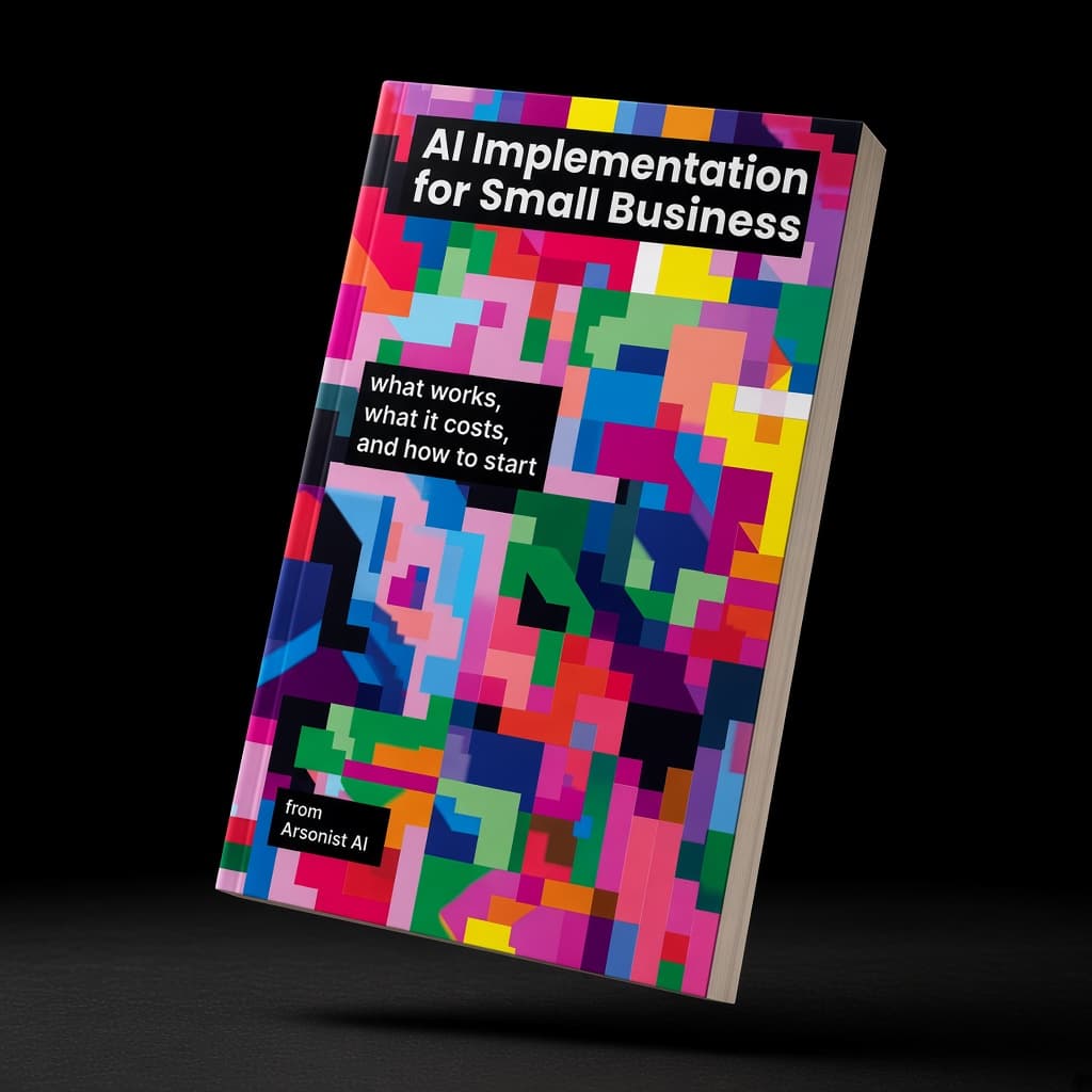 The book AI Implementation for Small Business, with a bright mosaic cover, floating against a dark background.